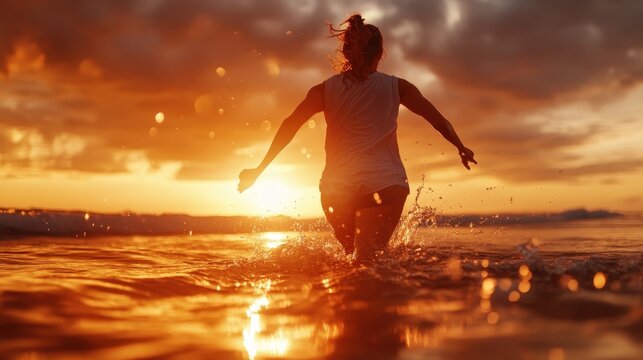 A silhouette of a woman joyfully running towards the sunset over gentle waves, capturing the essence of freedom, adventure, and the beauty of nature at dusk.