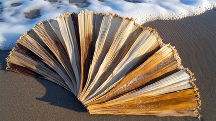 Beautiful Natural Fan Shape of Dry Palm Leaves on Sandy Beach