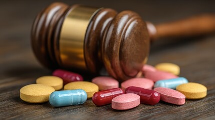 A gavel rests beside a pile of colorful pills, symbolizing legal ramifications of pharmaceutical misuse.