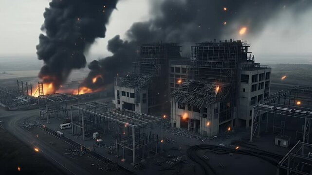 Aerial view of devastated industrial complex damaged by fire and extensive destruction