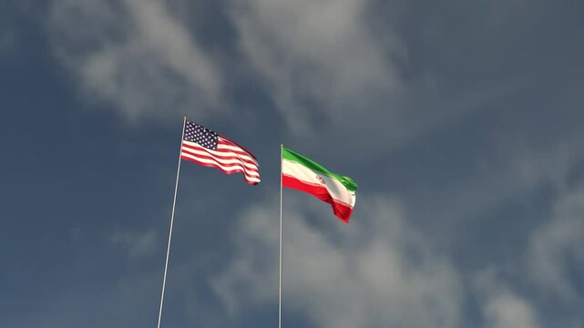 Usa united state america us usa vs iran iranian flag blue sky background wallpaper copy space battle war politic government israel country national diplomacy soldier negotiation crisis crude oil opec