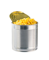Canned sweet corn in metal can, isolated on a white background.