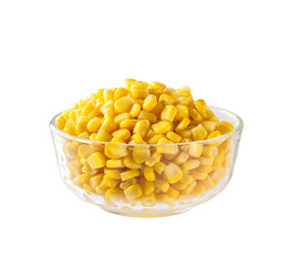 canned food maize in a clear glass bowl isolated on white background.