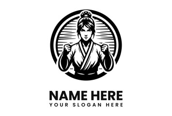 A woman in a martial arts uniform stands with fists up, framed by a circle with horizontal lines.