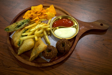 Mix Platter, Food mix of various ingredients of food on wooden plate on the table