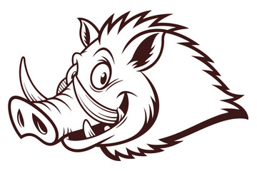 Cartoon boar head displays a cheerful expression, featuring distinct tusk outlines and spiky fur