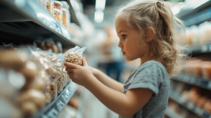 A young girl examines a snack option in a grocery store aisle, capturing the innocence of childhood and the excitement of making choices while shopping.