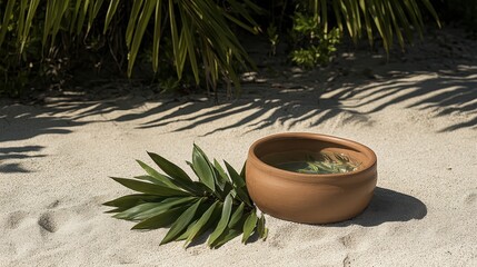 Fototapeta premium Clay Bowl with Water and Tropical Leaves on Sandy Beach