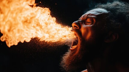 A fierce fire performer exhibits extraordinary talent, passionately breathing flames against a dark backdrop, capturing the raw energy and excitement of a thrilling performance.