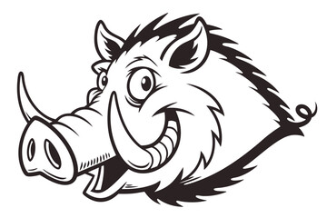 A cartoon boar head in black and white looks ahead with a smile