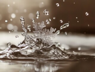 Extreme close-up of snowflake dissolving in water splash midair. AI-generated.