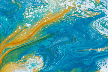 Naklejka premium Colorful abstract fluid art texture with gold, blue, and white marble patterns, artistic background
