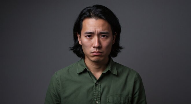 A pensive Asian man with long dark hair displays a somber expression wearing a green shirt against a neutral gray backdrop a portrait conveying emotion and mood