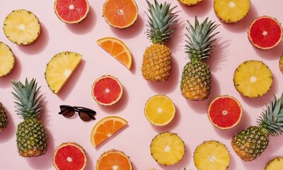 Vibrant Fruit Arrangement with Sunglasses on Pink Background, Summer Vibes