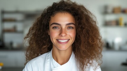 A young chef with curly hair smiles radiantly while standing in a bright kitchen, showcasing the joyful spirit of culinary arts and the passion for food preparation.