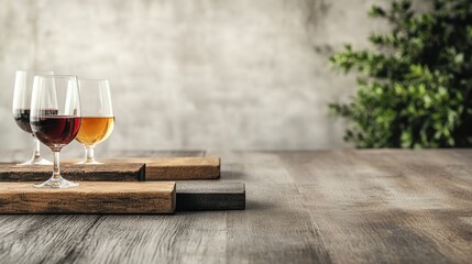An elegant arrangement of wine glasses filled with different beverages on a rustic wooden table, highlighting the charm of fine dining and social gatherings.