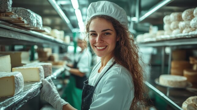 A lively young woman in a cheese shop smiles as she organizes cheese wheels, embodying the joy of artisanal cheesemaking and customer engagement in a vibrant market setting.
