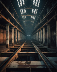 Abandoned industrial warehouse with exposed rail tracks and metal beams, illuminated by daylight through broken roof windows, creating a moody atmosphere of decay, history, and forgotten manufacturing