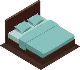 Modern bed with teal bedding and dark brown wooden frame isometric bedroom furniture design