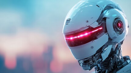 A striking close-up of a futuristic robot's head featuring advanced technology, symbolizing innovation and the intersection of humanity and artificial intelligence in the modern world.
