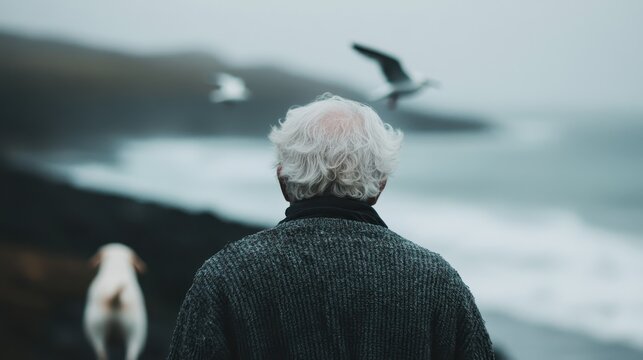 An elderly man stands by the shore, gazing serenely at the ocean, accompanied by his dog, as seagulls soar overhead in a misty, tranquil landscape. - Powered by Adobe