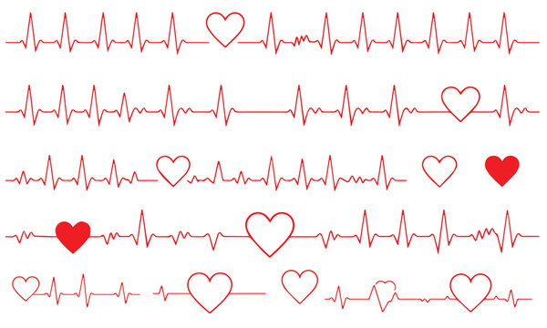 Red heartbeat line collection with heart symbol, cardiology, medical pulse, ECG, EKG design, healthcare clipart vector illustration, health monitoring, digital heartbeat graphics