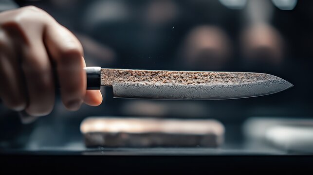 An exquisite chef's knife shines brightly as a centerpiece, symbolizing the art of cooking, craftsmanship, and the dedication to culinary excellence in a gourmet kitchen.