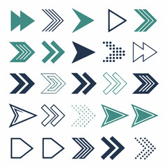 Collection of 18 unique arrow icons in modern flat and outline styles. Directional symbols in black and teal, perfect for web, app, design projects.