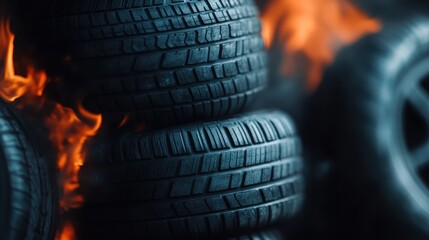 A close-up view of stacked tires engulfed in flames and smoke, symbolizing destruction and chaos, while evoking powerful emotions of urgency and danger.