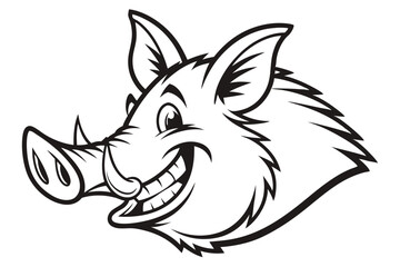 Cartoon wild boar smiles cheerfully with prominent tusks in a striking black and white vector