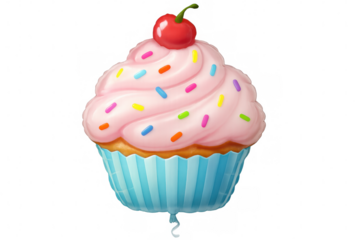 Pink cupcake balloon floating with colorful sprinkles and a cherry on top, isolated on a transparent background