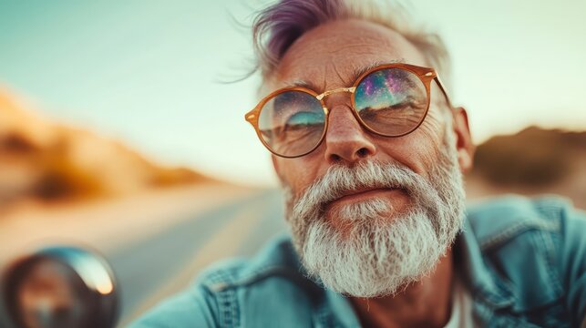 An older gentleman with a trendy look and sunglasses featuring a galaxy reflection enjoys the open road, offering a whimsical touch to freedom and adventure under the vast sky.