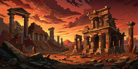 Ancient ruins at sunset dramatic fantasy landscape