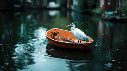 Fototapeta premium A graceful heron perched in a rustic canoe surrounded by calm waters, creating a peaceful and picturesque scene that highlights harmony between wildlife and nature.
