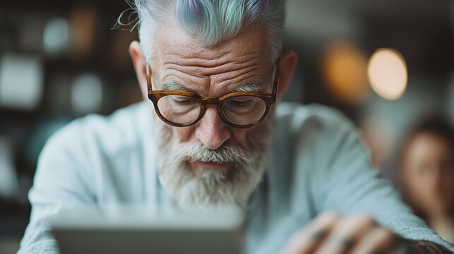 An elderly man with gray hair and glasses intensely reads a tablet, showcasing wisdom and concentration. His thoughtful expression reflects deep engagement with the content. - Powered by Adobe