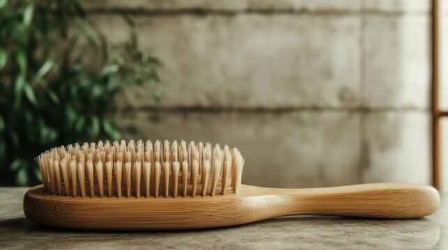 An aesthetically pleasing image showcasing a bamboo hairbrush positioned on a rustic wooden surface, emphasizing eco-friendliness and natural beauty in everyday grooming products.