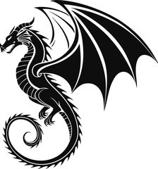 Fototapeta premium Elegant Black Dragon Silhouette with Wings Horns and Curled Tail on White