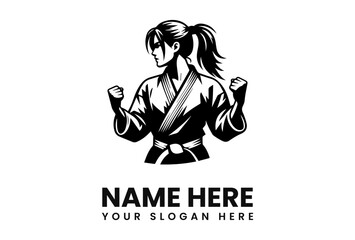 Black and white logo of a female martial artist in a karate uniform, ready to strike.