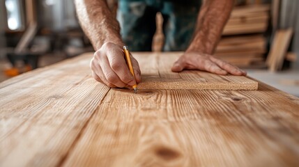 A skilled craftsman meticulously measures a wooden plank with a pencil, demonstrating the art of woodworking and the dedication to creating quality furniture pieces.