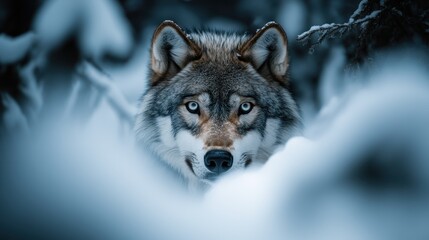 Obraz premium A striking close-up of a wolf in a snowy environment, showcasing its piercing gaze and majestic presence, symbolizing strength and resilience in nature's beauty.
