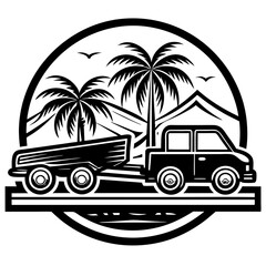 Truck with trailer and palm trees isolated on white background