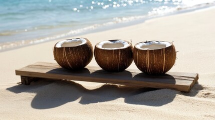 Fresh Coconut Bowls on Wooden Plank by the Beach Shoreline