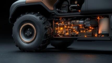 A close-up view of a truck's engine compartment, showcasing the intricate wiring and components that power heavy-duty vehicles for rugged terrains.