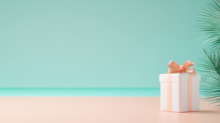 Special summer package deal concept with a neatly packed gift box on a tropical themed table.
