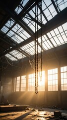 Foggy Warehouse with Broken Skylight and Golden Hour Lighting