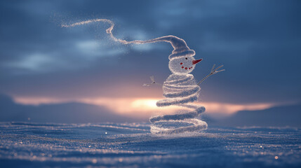 Whimsical snowman made of swirling snow particles at sunset in a magical winter landscape.