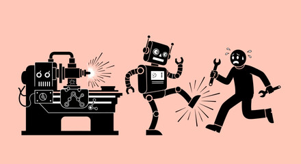 Retro Robot Kicking Industrial Lathe Machine, Black Silhouette Illustration