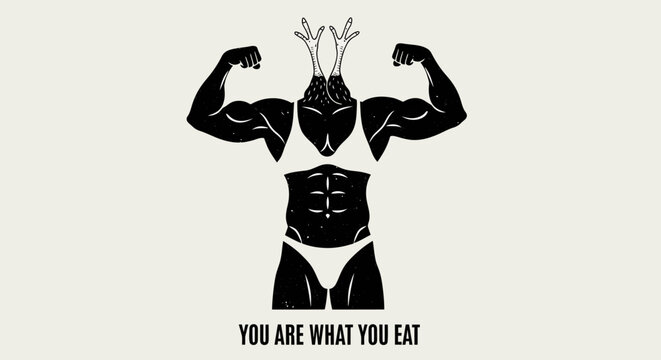 Powerful Figure with Chicken Head in Fitness Pose, "You Are What You Eat" Graphic - Powered by Adobe
