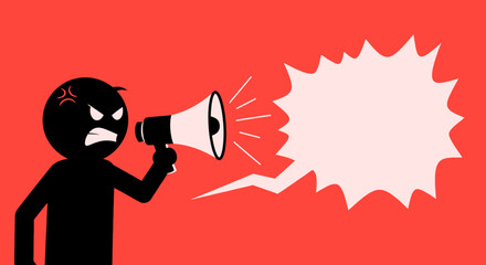 Angry Silhouette Figure Shouting into Megaphone with Speech Bubble