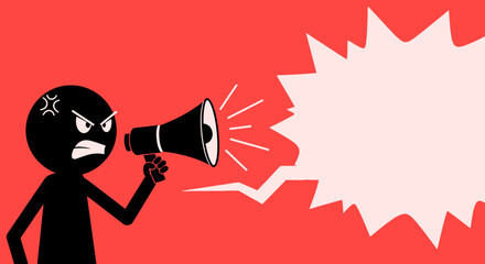 Angry Stick Figure Shouting into Megaphone with Speech Bubble on Red Background